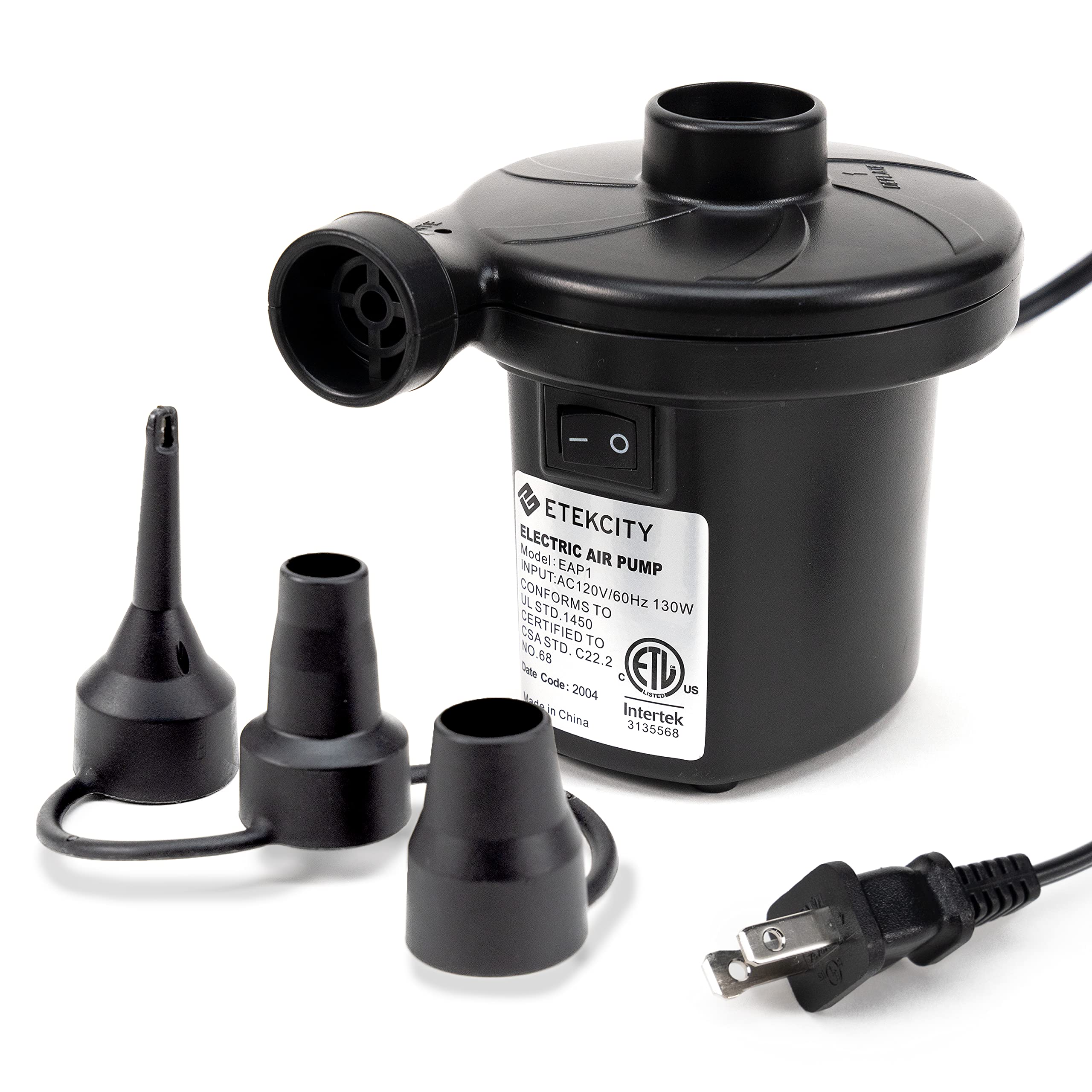 Etekcity Air Pump for Inflatables, Portable Electric Air Mattress Pump, Quick-Fill Perfect Inflator/Deflator for Couch, Blow up Pool Floats Raft Bed Boat Toy with Nozzles, 110-120V, Black