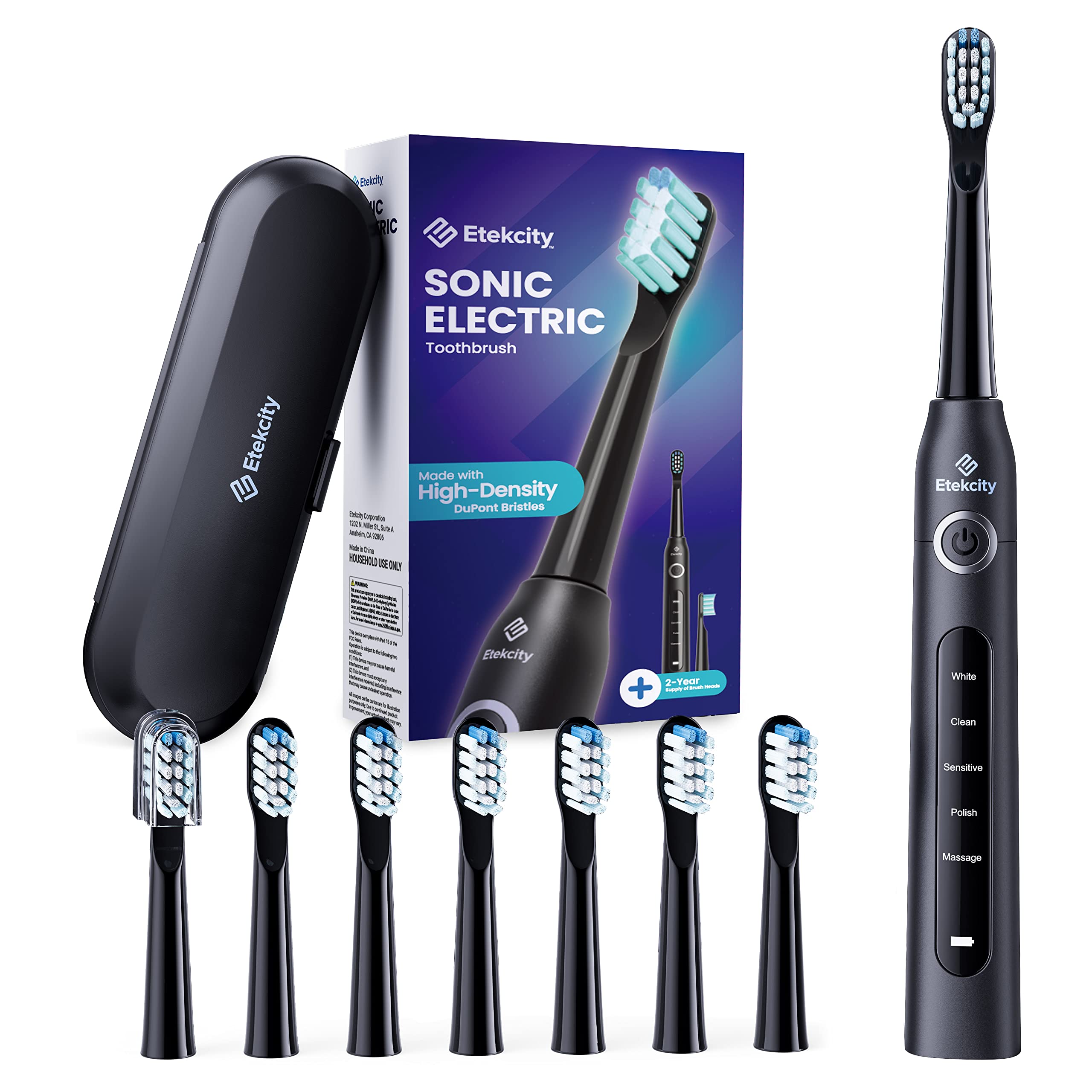 Etekcity Electric Toothbrush for Adults and Kids, 8 Soft High-Density Brush Heads, Fast Charge 2.5 Hours Last 30 Days, 2 Minutes Smart Timer, 5 Modes & Travel Case, Black