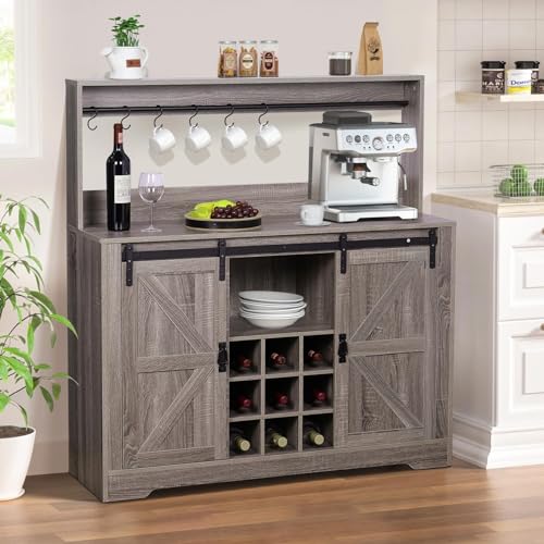 Coffee Bar Cabinet with Storage,47" Farmhouse Kitchen Buffet Sideboard with Sliding Barn Door and Adjustable Shelves,Liquor Cabinet Bar for Home,Dining Living Room(Grey)
