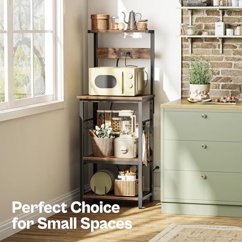 SUPERJARE Kitchen Bakers Rack with Power Outlet, Coffee Bar Table, Rustic Brown W637
