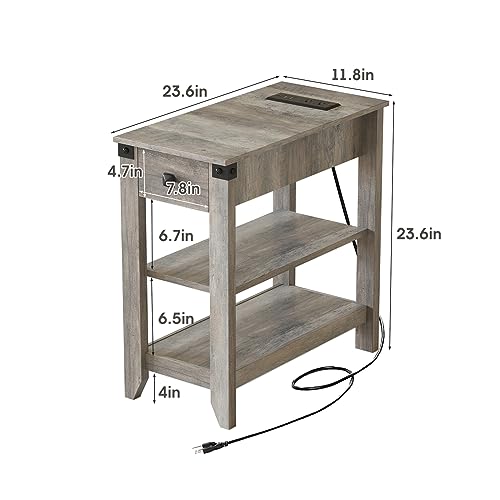 Fameill End Tables Set of 2, Narrow Side Table with Charging Station, Rustic Grey X913791