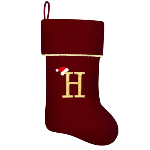 20 Inches Initial Monogram Blue Velvet Christmas Stocking with Gold Trim U394