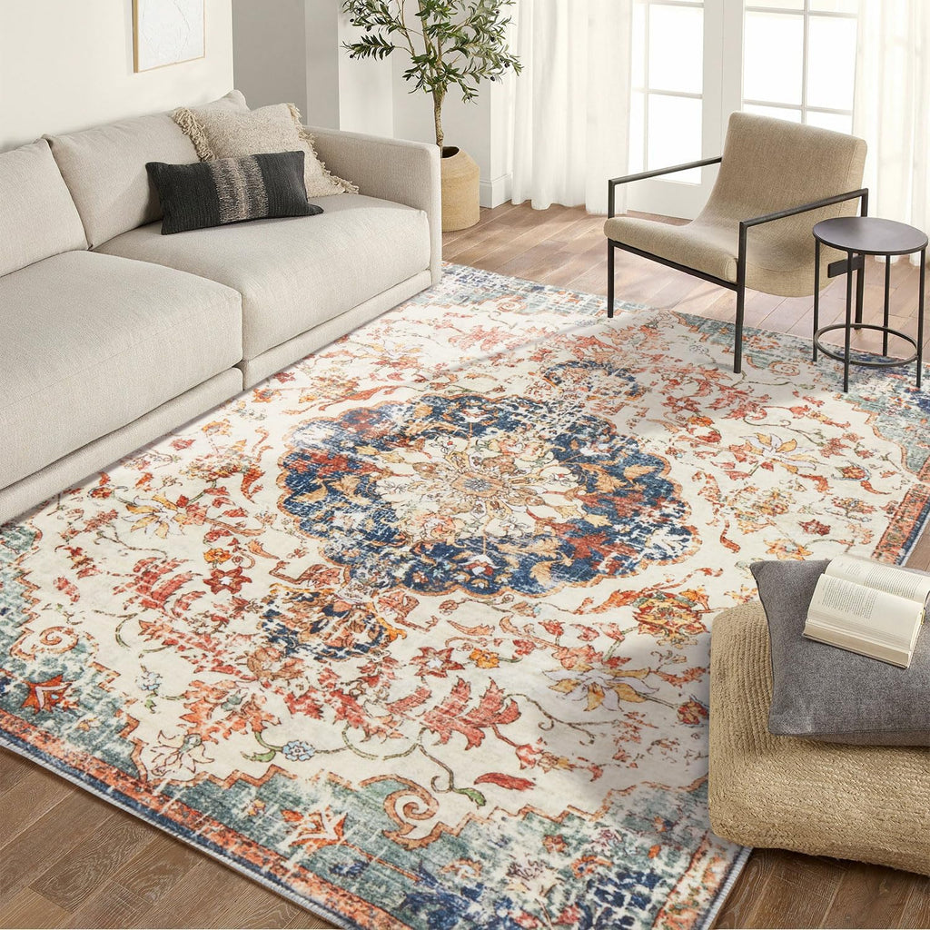 Large Washable Area Rug for Living Room 5x7, Boho Non Slip Low Pile Carpet C889