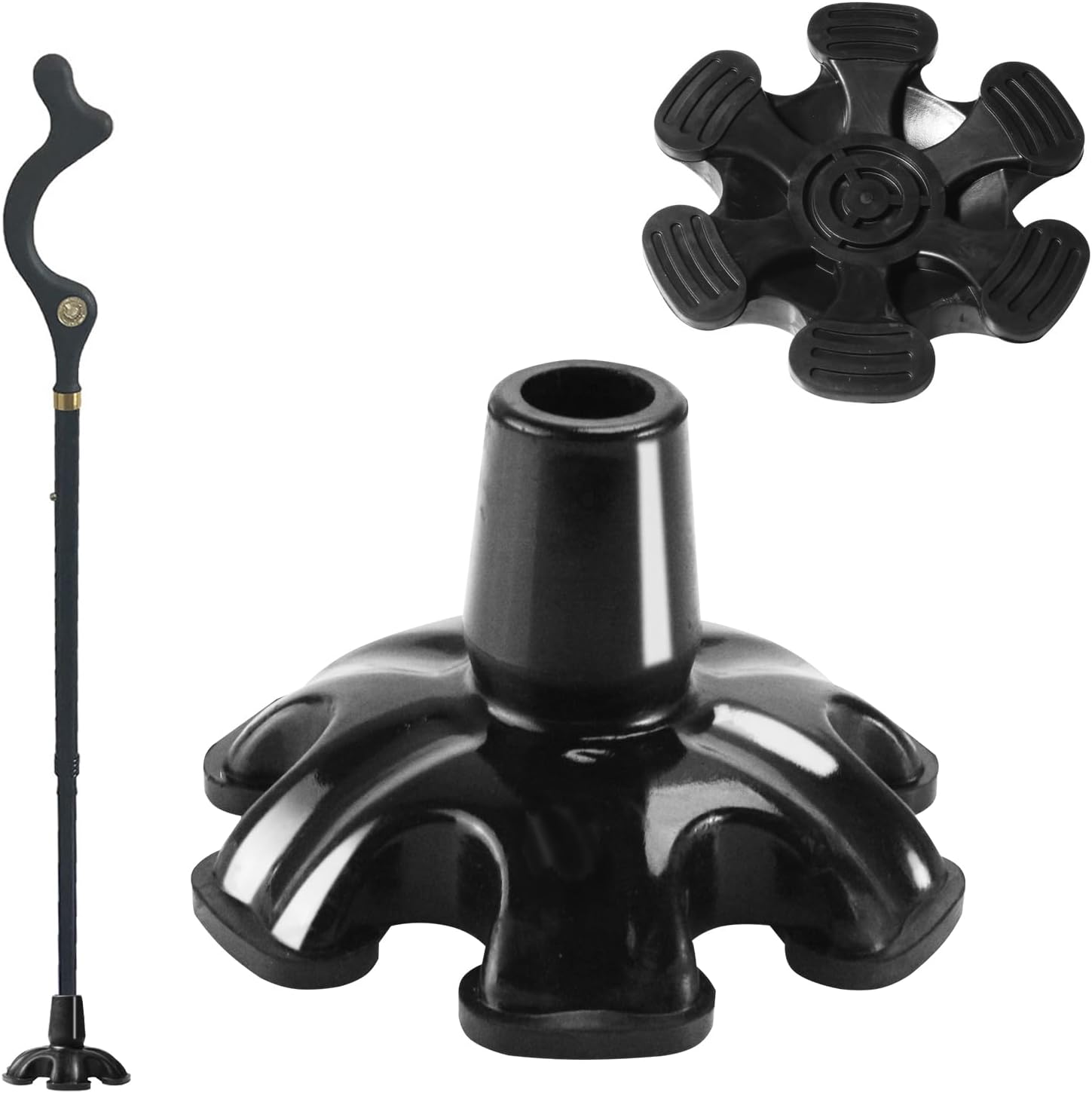 Z&Q LABOR 3/4'' Self Standing Rubber Cane Tip Quad Walking Cane Tips with 6 Support Feet Heavy Duty Rubber Cane Tip Base for Walking Folding Canes 6-Point Cane Tip Foot Pads 6 Prong Cane Tips