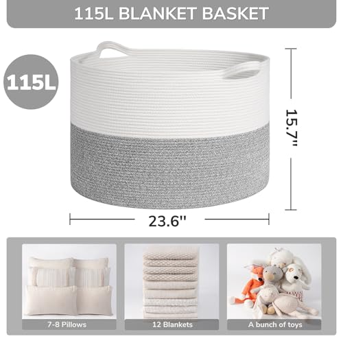 INDRESSME Large Cotton Rope Storage Basket with Handles, 90L Grey R37552
