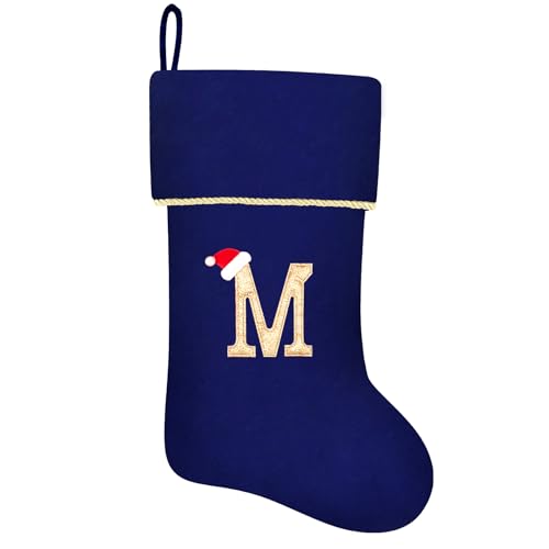 20 Inches Initial Monogram Blue Velvet Christmas Stocking with Gold Trim U394