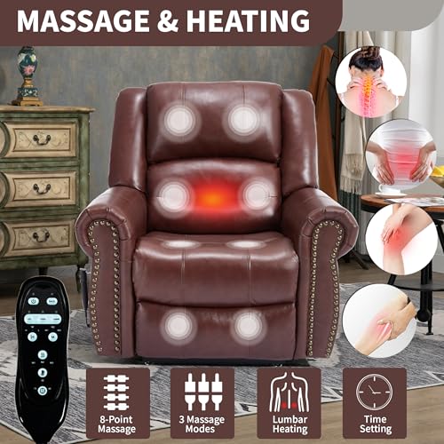 Dual Motor Power Lift Recliner Chair with Massage and Heat, Faux Leather, Brown V8458