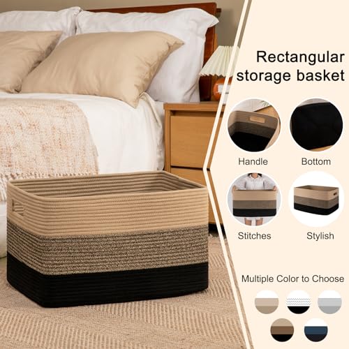 OIAHOMY Large Rectangle Woven Blanket Basket with Handle, Gradient Blue B58762