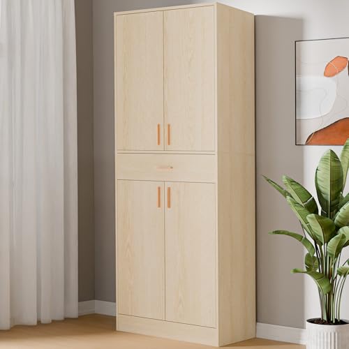 Cozy Castle Kitchen Pantry Storage Cabinet 71" Tall 4 Doors Wood Freestanding Cupboard with Sliding Drawer and 2 Adjustable Shelves for Dining Room Living Room, Laundry, Bathroom, Oak