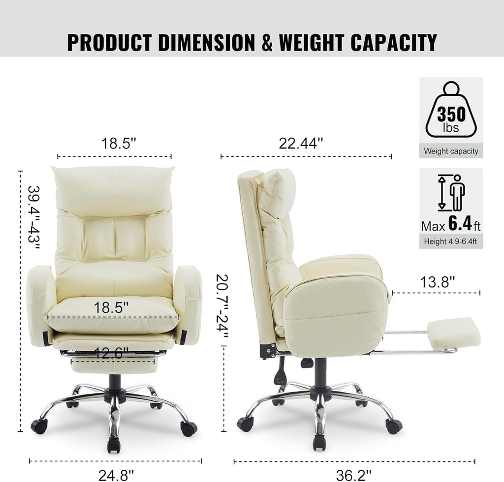High-Back PU Leather Office Chair with Footrest, Cream White X25018