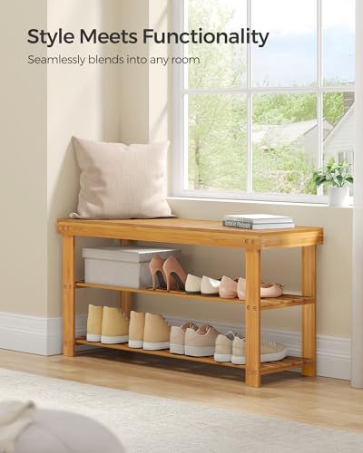 SONGMICS 3-Tier Bamboo Shoe Rack Bench, Entryway Storage, Ink Black X802