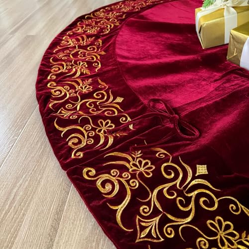 Burgundy Victorian Velvet Christmas Tree Skirt with Gold Damask Embroidery Q6345