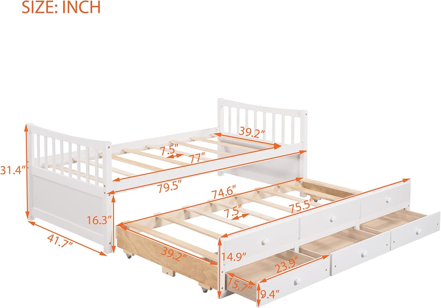 Harper & Bright Designs Twin Daybed with Trundle and Storage Drawers, White N417