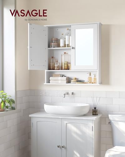 VASAGLE Bathroom Cabinet with Mirror, 2 Doors, Adjustable Shelf, Wall-Mounted, Dove Gray G97972