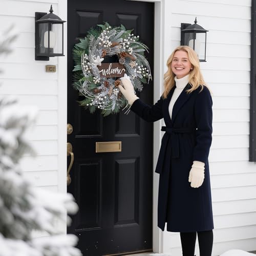 Pinkpuii 24 Inch Artificial Christmas Wreath with Pinecones and Welcome Sign for Front Door H758994
