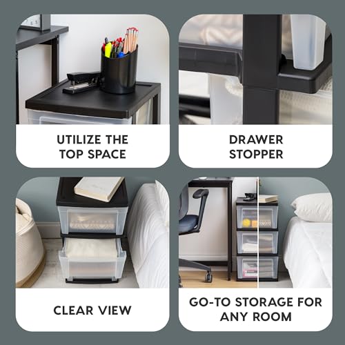IRIS USA Plastic Drawer Storage Organizer, 3-Drawers, 2-Pack, Black/Clear J77123