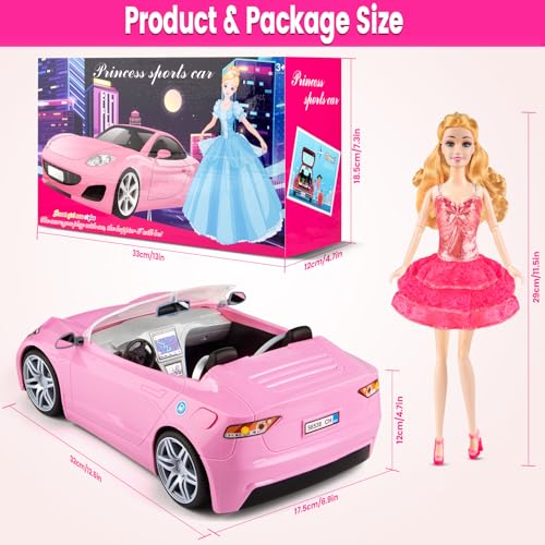 76 Pcs Doll & Convertible Car Playset with 11.5 In Doll, Princess Dresses, Shoes & Accessories L6719