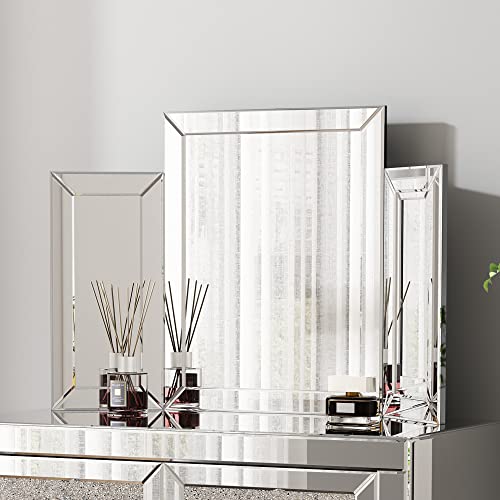 Mirrored Vanity Dressing Table Set Mirrored Makeup Desk Luxury Silver Stool Padded Beach Glass Console Table Modern Table with 2 Drawer Storage
