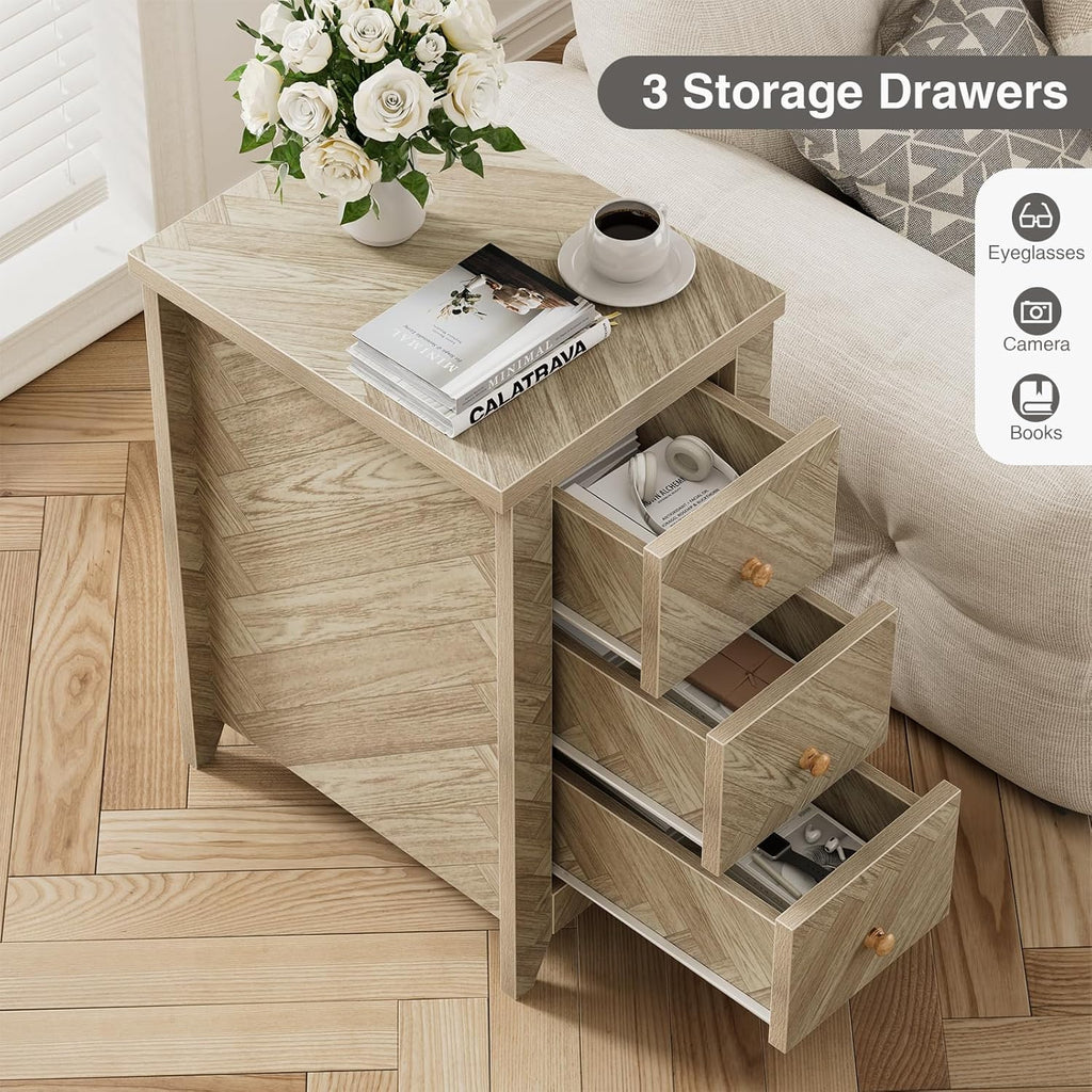 Anmytek End Table with 3 Drawers, Narrow Nightstand for Bedroom P1143