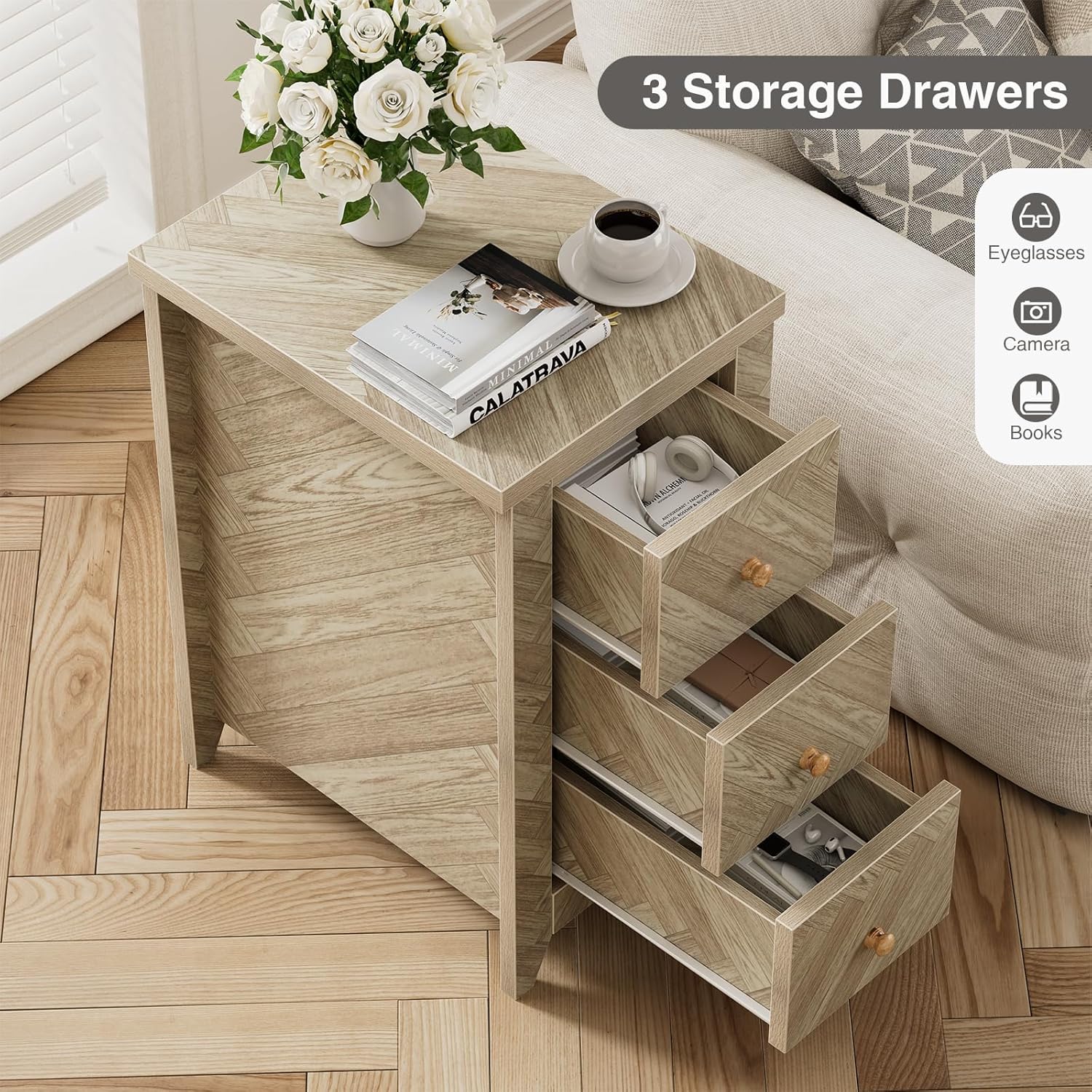 Anmytek End Table with 3 Drawers, Narrow Nightstand for Bedroom P1143