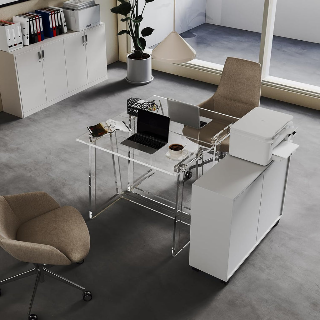 HMYHUM Acrylic Desk 35.4 Inch Clear Computer Desk with Trapezoid Legs F311427