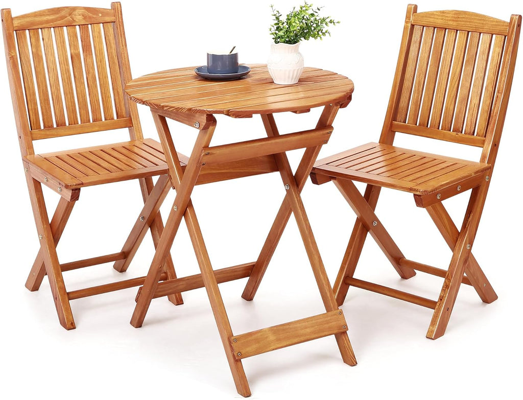 3Pcs Patio Bistro Set Wood Folding Table and 2 Chairs Outdoor Furniture X8767