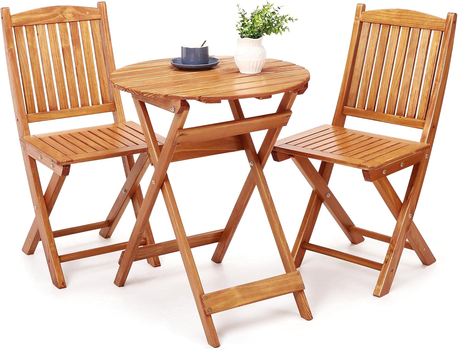 3Pcs Patio Bistro Set Wood Folding Table and 2 Chairs Outdoor Furniture X8767