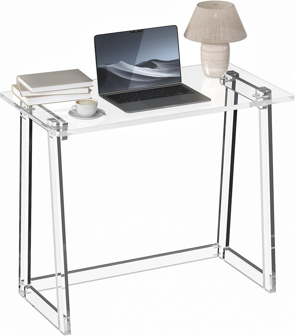 HMYHUM Acrylic Desk, 35.4 Inch, Clear Small Computer Desk with Trapezoid-shaped Legs for Home Office, Study, Writing, Vanity, Modern, Easy Assembly, 19.7" W x 29.5" H