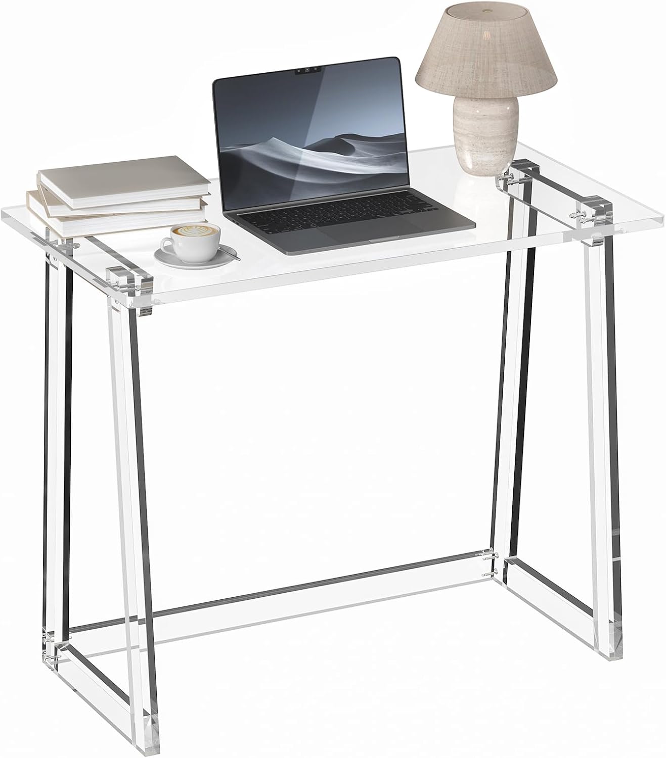 HMYHUM Acrylic Desk, 35.4 Inch, Clear Small Computer Desk with Trapezoid-shaped Legs for Home Office, Study, Writing, Vanity, Modern, Easy Assembly, 19.7" W x 29.5" H