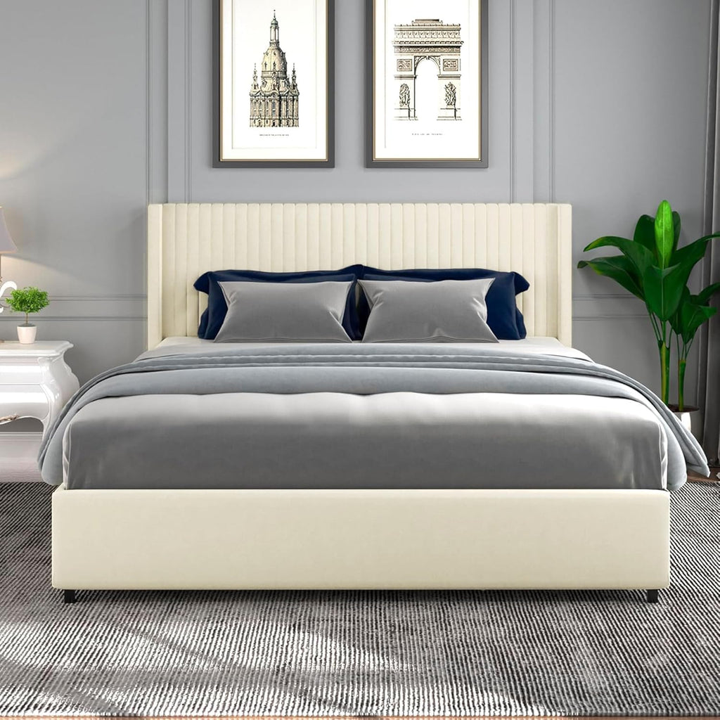 Dolonm Queen Size Upholstered Bed Frame with 4 Drawers Storage and Headboard, Ivory Velvet C23102