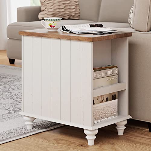 WAMPAT 2 Pack End Table with Charging Station and Storage, White/Oak E6157