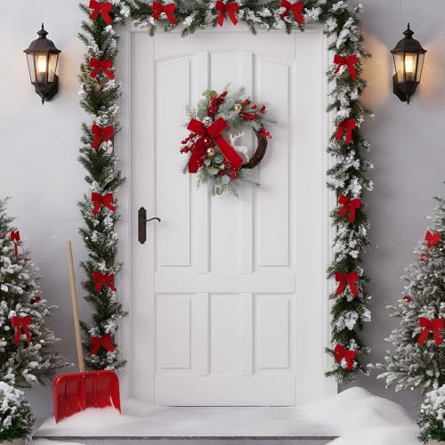 Christmas Wreath for Front Door with Red Bow and Golden Ball H285