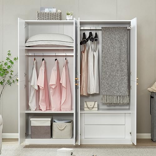 Wooden Armoire Wardrobe Closet Cabinet, 4 Door 2 Drawers, White, 63" L x 20.3" W x 72" H A546555