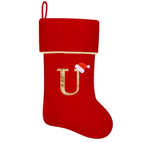 20 Inches Initial Monogram Blue Velvet Christmas Stocking with Gold Trim U394