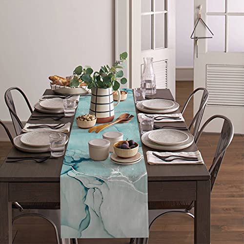 Marble Turquoise Teal Aqua Cotton Linen Table Runner 90 Inches O536843