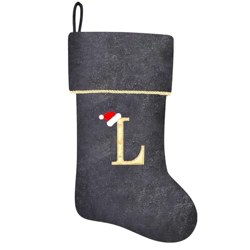 20 Inches Initial Monogram Blue Velvet Christmas Stocking with Gold Trim U394