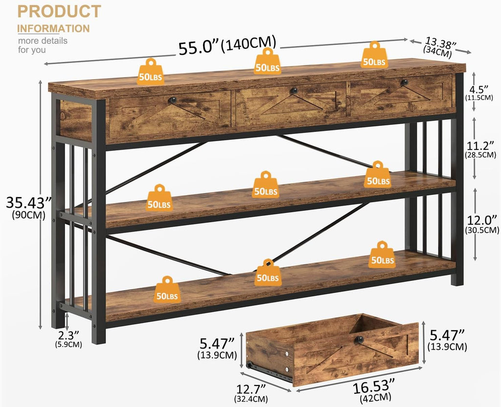 HSH Entryway Console Table with 3 Drawers, Rustic Brown, 55 inch I35530