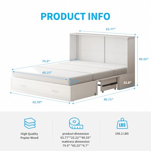 Mjkone Queen Murphy Bed with Tri-Fold Mattress, Charging Station and Storage Drawers, Cherry O58055