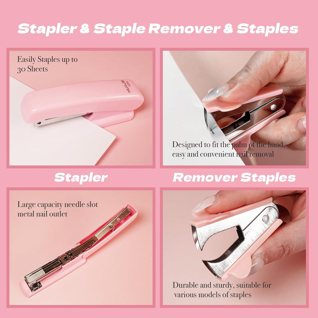 Pink Office Supplies Set for Desk with Stapler, Tape Dispenser, Pen Holder M9244