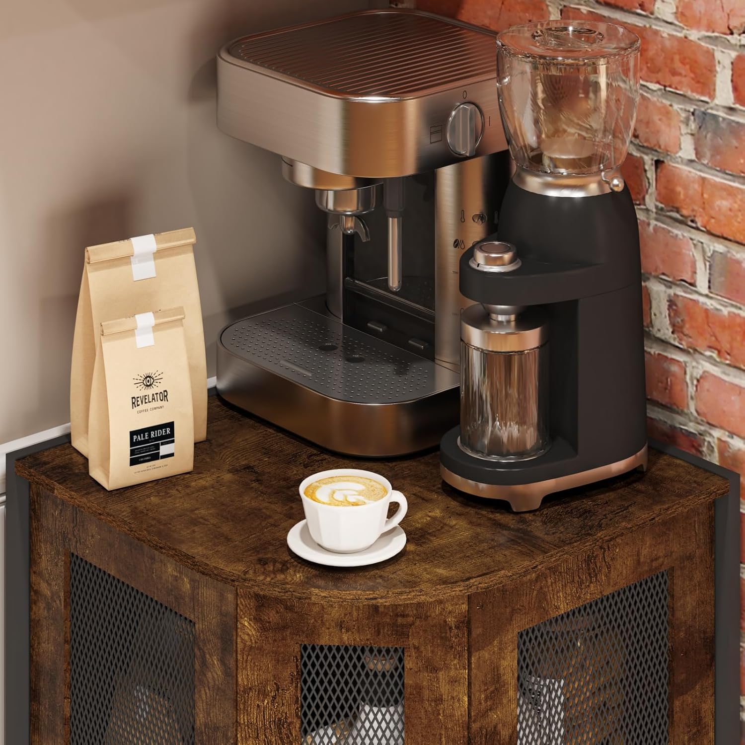keomaisyto 3-Tier Corner Coffee Cabinet with Storage Shelf, Rustic Wood T23526