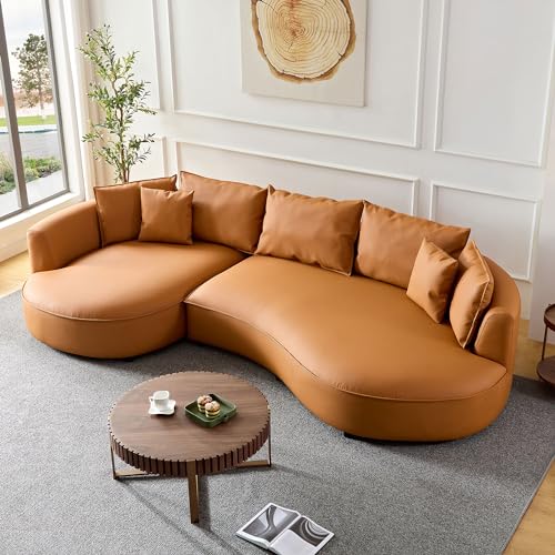 Leather Curved Sectional Sofa with Pillows (Grey-Left Chaise) B42694