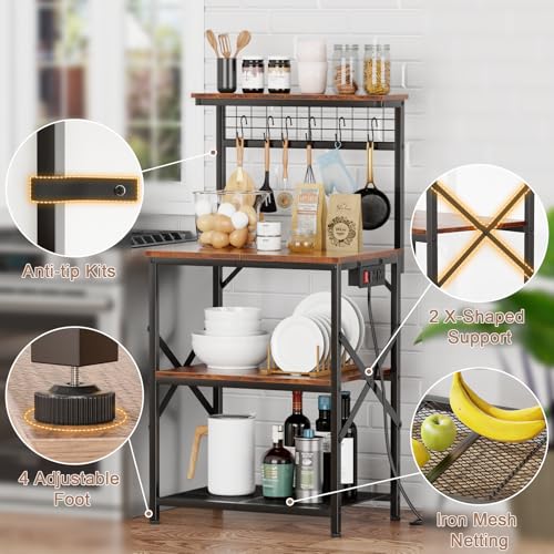 Furologee Kitchen Bakers Rack with Power Outlet, 4-Tier Microwave Stand, Rustic Brown Q634