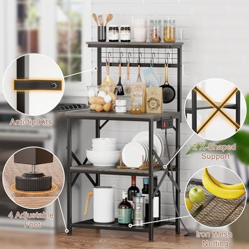 Furologee Kitchen Bakers Rack with Power Outlet, 4-Tier Microwave Stand, Rustic Brown Q634