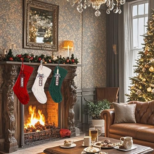 Set of 6 Personalized Christmas Stockings with Wooden Name Tags D26869