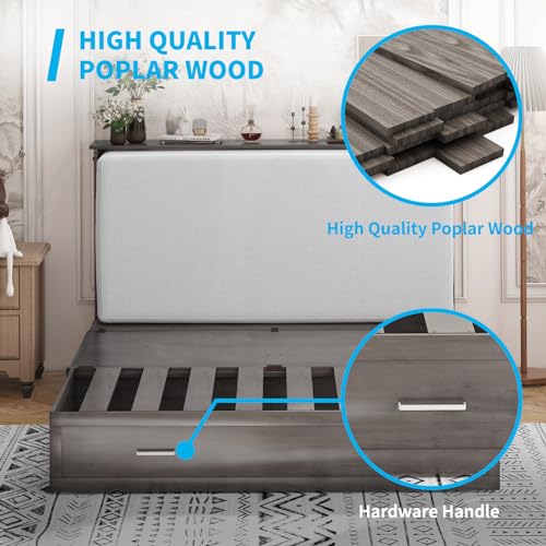 Mjkone Queen Murphy Bed with Tri-Fold Mattress, Charging Station and Storage Drawers, Cherry O58055