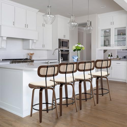 Rattan Bar Stools Set of 2, Counter Height, Swivel with Back, Beige B141