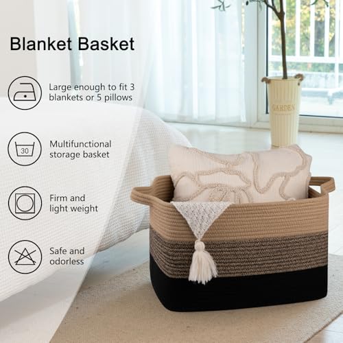 OIAHOMY Large Rectangle Woven Blanket Basket with Handle, Gradient Blue B58762