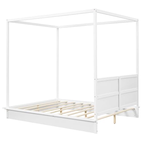 Bellemave Canopy Bed Frame Wood Four Posters Full LED Platform Bed with Headboard X806
