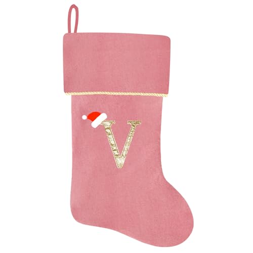 20 Inches Initial Monogram Blue Velvet Christmas Stocking with Gold Trim U394
