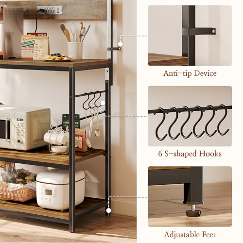 SUPERJARE Kitchen Bakers Rack with Power Outlet, Coffee Bar Table, Rustic Brown W637